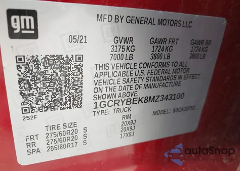 2021 Chevrolet Silverado 1500 4Wd Double Cab Standard Bed Custom из США, поврежденный, VIN 1GCRYBEK8MZ343100